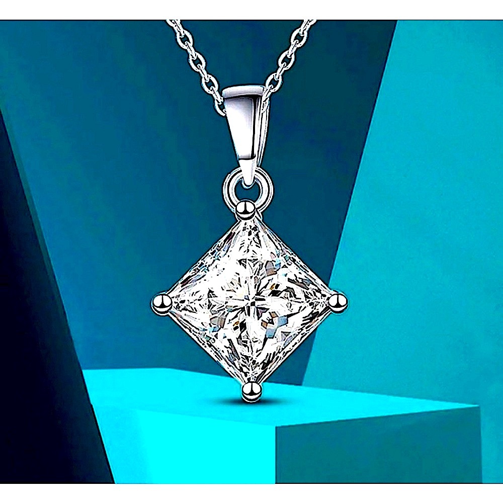 NWT 2 Ct Princess Cut Moissanite Diamond Platinum Plated Sterling‎ Necklace